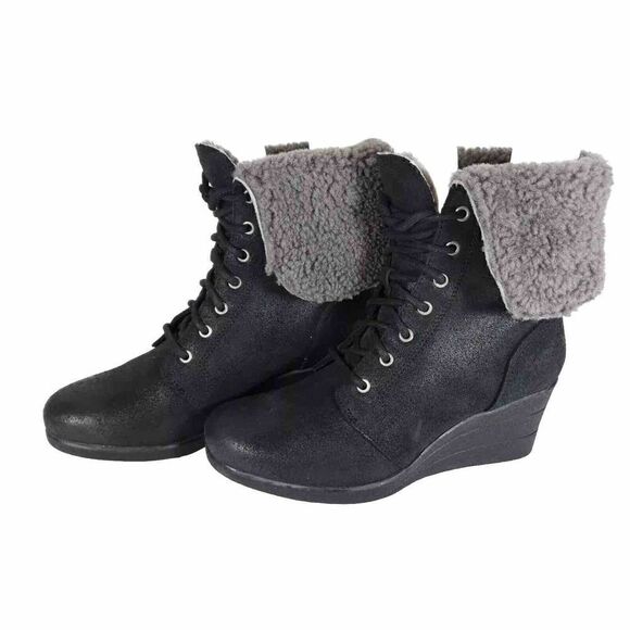 UGG Women's Zea US8 Black Leather Sheepskin Waterproof Wedge Shearling Boots - Picture 1 of 13
